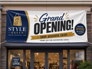 Custom vinyl banner printed with grand opening promotion — outdoor storefront display