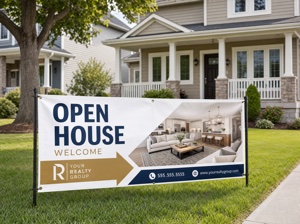 Custom vinyl banner for real estate open house — professional outdoor property sign