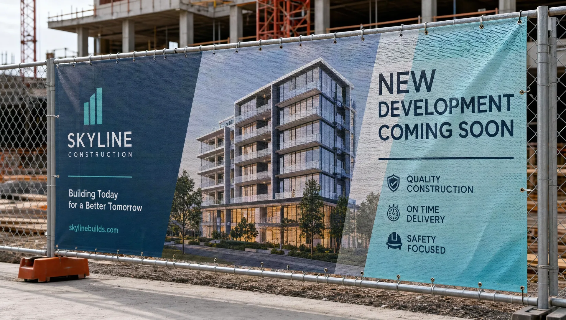 Custom mesh banner on construction site fence — wind-resistant outdoor banner printing